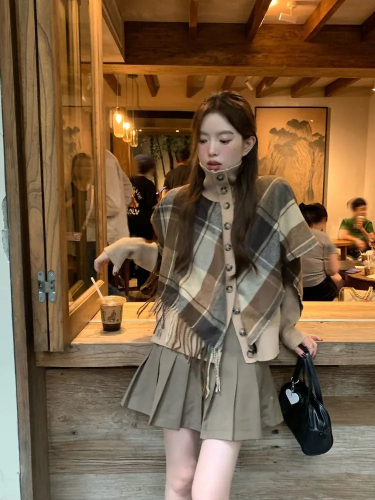 Esther Plaid Cape Knitted High Neck Down Button Poncho Sweater